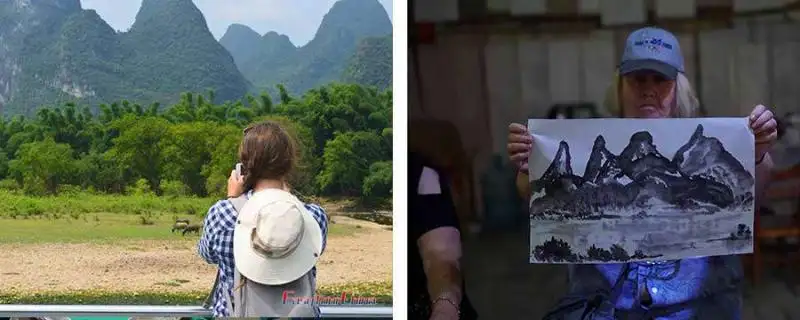 Female travelers Cruise Li River and paint paper fans in Yangshuo