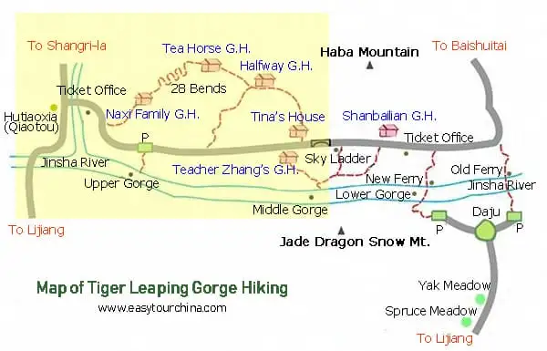 Map of Tiger Leaping Gorge Hiking routes
